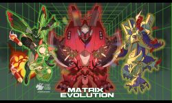 765_nanami arm_blade arm_cannon armor artist_logo artist_name black_sclera blue_eyes body_fur colored_sclera cyborg digimon digimon_(creature) digimon_tamers dinosaur dragon evolutionary_line full_body green_armor green_background group_picture guilmon highres kitsune logo megalogrowmon missile ofuda rabbit rapidmon red_armor red_fur red_scales renamon robe short_hair taomon terriermon twitter_username weapon white_hair yellow_eyes
