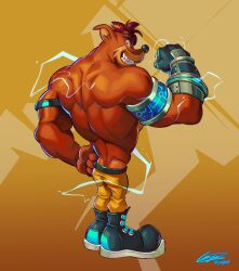 1boy black_shoes brown_hair crash_bandicoot_(series) crunch_bandicoot facing_away furry furry_male grin highres looking_at_viewer looking_back muscular muscular_male pants psyoui shoes short_hair signature simple_background smile solo watermark yellow_pants