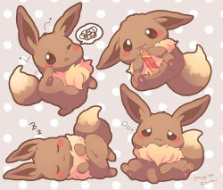 Rule 34 | :3, artist name, blush stickers, brown eyes, closed mouth, commentary request, eevee, flea (animal), gen 1 pokemon, grey background, licking, lying, mugita konomi, multiple views, nintendo, no humans, on side, one eye closed, pokemon, pokemon (creature), polka dot, polka dot background, sleeping, spoken squiggle, squiggle, tongue, tongue out, zzz