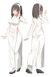 Rule 34 | 1girl, ass, black hair, blue eyes, breasts, commentary request, covered navel, from behind, full body, grin, hairband, highres, kureha (ironika), looking at viewer, medium breasts, original, simple background, smile, solo, standing, teeth, tsubasa (kureha), w
