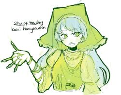 Rule 34 | 1girl, apron, arm wrap, blue hair, dress, english text, frilled sleeves, frills, green theme, hand up, haniyasushin keiki, headscarf, holding, long hair, magatama, pomekka, puffy sleeves, smile, solo, tools, touhou, upper body, white background, yellow dress