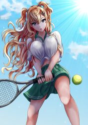 1girl absurdres ball blonde_hair blue_sky cloud contrast_collar feet_out_of_frame green_shorts green_skirt grey_eyes hair_ornament hairclip highres kantai_collection long_hair minneapolis_(kancolle) minneapolis_(tennis)_(kancolle) official_alternate_costume playing_games pleated_skirt polo_shirt racket shirt shorts shorts_under_skirt skirt sky solo sportswear tennis_ball tennis_racket tennis_uniform two_side_up wavy_hair white_shirt yasakae_(coumin_c)