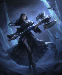 1girl black_dress black_feathers black_lips black_thighhighs commentary dress english_commentary feathers final_fantasy final_fantasy_xiv fog gaia_(ff14) hammer highres holding holding_hammer ice ice_crystal lace lace-trimmed_thighhighs lace_trim light_particles long_hair magic:_the_gathering marie_magny official_art solo thighhighs walking