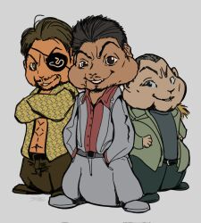 3boys alvin_and_the_chipmunks baggy_pants beard black_hair brown_hair facial_hair full_body furry fusion green_pants grey_background grey_pants grin hands_in_pockets highres jacket kiryu_kazuma majima_goro multiple_boys open_clothes open_jacket pants print_jacket ryuu_ga_gotoku_(series) saejima_taiga simple_background smile vermeil_deauxnim