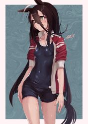 Rule 34 | 1girl, a4 (a4 eishi), absurdres, ahoge, animal ears, black hair, black one-piece swimsuit, breasts, brown eyes, closed mouth, commentary request, covered navel, cropped jacket, ear tag, earrings, green background, highres, horse ears, horse girl, horse tail, jacket, jewelry, long hair, long sleeves, manhattan cafe (umamusume), multicolored hair, one-piece swimsuit, open clothes, open jacket, red jacket, signature, single earring, sleeves rolled up, small breasts, solo, swimsuit, swimsuit under clothes, tail, tracen swimsuit, tracen training uniform, umamusume, very long hair, wet, wet clothes, white hair