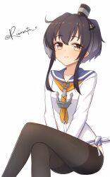 1girl anchor_necklace aticsanir black_hair blue_sailor_collar blush brown_eyes crossed_legs dress gradient_hair grey_hair hairband hat highres jewelry kantai_collection long_shirt long_sleeves mini_hat multicolored_hair neckerchief necklace no_pants pantyhose sailor_collar sailor_dress seamed_legwear shirt short_hair short_hair_with_long_locks side-seamed_legwear sitting smile smokestack_hair_ornament solo tied_shirt tokitsukaze_(kancolle) twitter_username white_background yellow_neckerchief