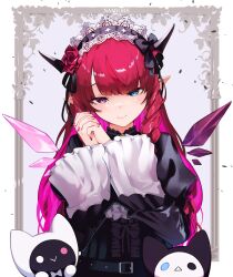 1girl absurdres asymmetrical_wings belt black_belt black_sleeves bloom_(irys) blue_eyes blunt_bangs center_frills closed_mouth colored_inner_hair commentary crystal_wings detached_wings drill_hair drill_sidelocks flower frilled_sleeves frills gloom_(irys) hair_flower hair_ornament hands_up highres hololive hololive_english horns interlocked_fingers irys_(hololive) irys_(maid)_(hololive) juliet_sleeves layered_sleeves long_hair long_sleeves looking_at_viewer maid_headdress mini_wings mismatched_wings multicolored_hair namiorii official_alternate_costume official_alternate_hairstyle own_hands_together pink_hair pointy_ears puffy_sleeves purple_eyes purple_hair rose shirt sidelocks smile solo star-shaped_pupils star_(symbol) straight-on symbol-only_commentary symbol-shaped_pupils underbust virtual_youtuber white_shirt white_sleeves wings