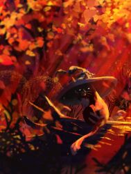 autumn bush cat fallen_tree hat head_tilt light_rays looking_at_viewer no_humans orange_theme original outdoors painterly whiskers witch_hat zandra