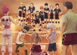 10s 1girl 6+boys absurdres azumane_asahi biscuit_krueger black_hair blonde_hair blue_hair boots brown_eyes brown_hair clubs court cowering crossed_arms crossover dress closed_eyes facepalm facial_hair fighting_stance glasses goatee gon_freecss green_hair grey_hair haikyuu!! hand_on_own_hip headband highres hinata_shouyou hisoka_(hunter_x_hunter) hunter_x_hunter kageyama_tobio kai-yan killua_zoldyck knee_pads middle_finger multicolored_hair multiple_boys nishinoya_yuu open_mouth orange_hair ponytail red_hair reflection sawamura_daichi scared shorts sitting smile spade spiked_hair sportswear sugawara_koushi tanaka_ryuunosuke tank_top tsukishima_kei two-tone_hair volleyball_uniform white_hair yamaguchi_tadashi