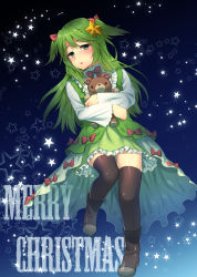 Rule 34 | 1boy, akagi kurage, bear, black thighhighs, blush, boots, christmas, dress, green eyes, green hair, highres, male focus, original, solo, thighhighs, trap