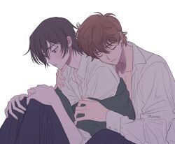 Rule 34 | 2boys, black hair, black pants, brown hair, closed eyes, closed mouth, code geass, collared shirt, hair between eyes, half-closed eyes, highres, hug, hug from behind, hugging own legs, kururugi suzaku, leaning on person, lelouch vi britannia, light smile, male focus, multiple boys, pants, shirt, short hair, sitting, twintails, white background, white shirt, yaoi, yorusl