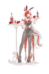 1girl absurdres animal_ears baise_de bare_shoulders black_leotard black_shoes bottle breasts cleavage closed_mouth fake_animal_ears flower fu_hua fu_hua_(phoenix) grey_hair grey_pantyhose hair_between_eyes hand_up high_heels highres holding holding_tray honkai_(series) honkai_impact_3rd leotard long_hair medium_breasts multicolored_hair pantyhose rabbit_ears red_eyes red_flower red_hair red_rose rose shoes simple_background sketch solo strapless strapless_leotard table tray two-tone_hair very_long_hair white_background wrist_cuffs
