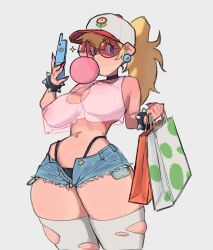 1girl bag bare_shoulders baseball_cap black_panties blonde_hair blowing_bubbles blue_eyes bracelet breasts cellphone chewing_gum choker crop_top cutoff_jeans cutoffs denim denim_shorts earrings fire_flower flip_phone hat highleg highleg_panties highres holding jewelry large_breasts mario_(series) navel navel_piercing nintendo open_fly panties phone piercing ponytail princess_peach ruka481 see-through_clothes see-through_shirt shirt shopping_bag short_shorts shorts simple_background solo sparkle sphere_earrings spiked_bracelet spikes sunglasses thick_thighs thighhighs thighs torn_clothes torn_thighhighs underwear