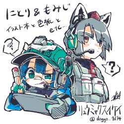 ... 2girls ? adapted_costume animal_ear_fluff animal_ears artist_name black_sweater blue_hair blue_jacket breast_pocket buttons closed_mouth doggo_1d34 flashlight glasses gloves green_eyes green_gloves green_hat grey_gloves grey_hair hair_between_eyes hat headphones inubashiri_momiji jacket kawashiro_nitori microphone multicolored_gloves multiple_girls parted_bangs pencil pocket red_eyes serious signature simple_background speech_bubble strap sweater tongue tongue_out touhou turtleneck turtleneck_sweater twitter_username vest white_background white_vest wolf_ears wolf_girl writing zipper zipper_pull_tab