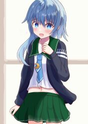 Rule 34 | 1girl, absurdres, ahoge, asymmetrical hair, blue eyes, blue hair, blue jacket, blue necktie, blush, cosplay, cowboy shot, crescent, crescent pin, day, fang, green sailor collar, hair ornament, highres, indoors, jacket, kantai collection, long hair, long sleeves, looking at viewer, minazuki (kancolle), mutsuki (kancolle), mutsuki kai ni (kancolle), mutsuki kai ni (kancolle) (cosplay), mutsuki sakura, neckerchief, necktie, open mouth, original remodel (kantai collection), pleated skirt, sailor collar, school uniform, serafuku, shirt, short hair, short hair with long locks, skirt, smile, solo, window