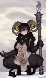 Rule 34 | 1girl, absurdres, body piercings, breasts, disembodied eye, ekrea jan, elden ring, elden ring nightreign, extra eyes, genderswap, genderswap (mtf), goat horns, goat legs, highres, holding, holding staff, hooves, horizontal pupils, horns, in-universe location, libra (elden ring), mage staff, medium breasts, navel, personification, pointy ears, solo, squatting, staff, tail, underboob, very big eyes, yellow eyes