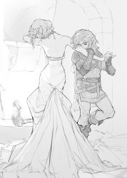 Rule 34 | balo badartist, bare back, boots, braid, cape, champion&#039;s tunic (zelda), closed eyes, commentary, couple, crown braid, dress, english commentary, greyscale, hetero, highres, holding hands, kiss, kissing hand, link, monochrome, nintendo, pointy ears, princess zelda, short hair, the legend of zelda, the legend of zelda: tears of the kingdom