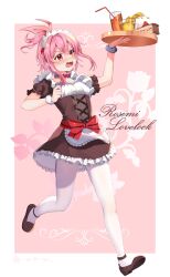1girl absurdres blush breasts cake camomile_teatea character_name commentary drink drinking_straw english_commentary flower food highres holding holding_tray hurried maid maid_day maid_headdress nijisanji nijisanji_en open_mouth pantyhose pink_hair red_eyes rose rosemi_lovelock running second-party_source small_breasts solo spilling splashing strawberry_cake tray virtual_youtuber wavy_mouth white_pantyhose