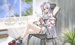 Rule 34 | 1girl, absurdres, animal ears, bare shoulders, closed mouth, hat, highres, hourglass, jacket, looking at viewer, on chair, original, red eyes, shale, sitting, smile, solo, test tube, thighs, white hat, white jacket