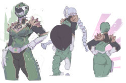 1girl animification arm_guards armor ass back backboob belt bodysuit boom!_studios boots breasts dino_buckler dragon_ranger facing_away from_behind gloves gold_armor gold_trim green_bodysuit grey_hair helmet highres kyouryuu_sentai_zyuranger large_breasts long_hair michel_teru mighty_morphin_green_ranger mighty_morphin_power_rangers power_rangers power_rangers_(boom!_studios) shoulder_armor shoulder_blades solo standing super_sentai tokusatsu twintails white_hair witch_bandora