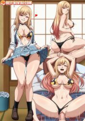 Rule 34 | 1girl, ass, bare legs, bikini, bikini under clothes, blonde hair, breasts, butt crack, clothes lift, floral print bikini, gradient hair, gyaru, heart, hetero, highres, kitagawa marin, large breasts, long hair, lying, multicolored hair, on back, pendant choker, print bikini, pussy, reit, reverse cowgirl position, school uniform, seductive smile, sequential, sex, skirt, skirt lift, smile, solo focus, sono bisque doll wa koi wo suru, straddling, swimsuit, thighs