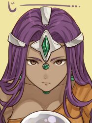 Rule 34 | 1girl, ak 87 kt, breasts, brown eyes, cleavage, crystal ball, dark-skinned female, dark skin, dragon quest, dragon quest iv, dress, earrings, forehead protector, gem, green gemstone, highres, jewelry, long hair, looking at viewer, minea (dq4), orange dress, parted hair, purple hair, signature, single-shoulder dress, solo, sphere earrings, twitter username, upper body, yellow background