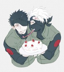 Rule 34 | 2boys, birthday cake, black hair, cake, food, forehead protector, grin, hatake kakashi, heart, long sleeves, looking at viewer, male focus, mask, mouth mask, multiple boys, naruto (series), naruto shippuuden, scar, scar on face, short hair, smile, spiked hair, uchiha obito, vest, vosovic