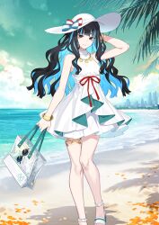 1girl arm_at_side arm_behind_head arm_up bag bangle bare_arms bare_shoulders beach black_eyes black_hair blue_hair blunt_bangs bracelet breasts closed_mouth colored_inner_hair day dress fate/grand_order fate_(series) feet_out_of_frame game_cg gold_necklace halterneck hat holding holding_bag horizon jewelry lens_flare long_hair long_sidelocks looking_at_viewer multicolored_hair necklace ocean official_art palm_tree round_eyewear saitou_hiroki sand sandals short_dress sidelocks sky skyline sleeveless sleeveless_dress small_breasts smile solo standing streaked_hair sun_hat sundress sunglasses tenochtitlan_(fate) tenochtitlan_(swimsuit_mooncancer)_(fate) tenochtitlan_(swimsuit_mooncancer)_(second_ascension)_(fate) third-party_source toes tree two-tone_hair unworn_eyewear variant_set white_dress white_hat white_sandals