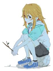 1girl ball black_shorts black_socks blue_hoodie blue_shoes blush branch closed_mouth drawstring from_side highres holding holding_branch hood hoodie idolmaster idolmaster_cinderella_girls knees_up leaf long_hair looking_at_viewer morotomi multicolored_hoodie orange_hair own_hands_together profile purple_eyes raglan_sleeves shadow shoes short_sleeves shorts sidelocks simple_background sitting sitting_on_object smile soccer_ball socks solo white_background white_hoodie yuuki_haru