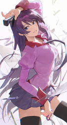 1girl arm_up bakemonogatari black_thighhighs blue_eyes breasts broken_glass commentary cowboy_shot female_focus glass grin hair_between_eyes highres holding holding_scissors long_hair long_sleeves looking_at_viewer medium_breasts miniskirt modare monogatari_(series) pen pink_shirt puffy_long_sleeves puffy_sleeves purple_hair purple_skirt scissors senjougahara_hitagi set_square shirt simple_background skirt smile solo stapler thighhighs thighs white_background zettai_ryouiki