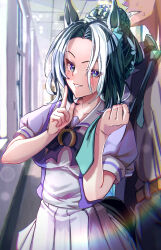 1boy 1girl animal_ears aqua_necktie belt black_hair blush bow breasts brown_belt clenched_teeth clothes_grab commentary_request cow ear_ornament highres horse_ears horse_girl horse_tail kamome_(aiou0413) medium_breasts medium_hair mejiro_ramonu_(umamusume) mixed-language_commentary mole mole_under_eye multicolored_hair necktie necktie_grab neckwear_grab parted_bangs pleated_skirt puffy_short_sleeves puffy_sleeves purple_bow purple_eyes purple_shirt school_uniform serafuku shirt short_sleeves skirt streaked_hair sweat tail teeth tracen_school_uniform trainer_(umamusume) umamusume white_hair white_skirt