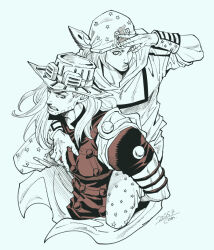 2025 2boys beanie beard cape carrying carrying_under_arm dated facial_hair goggles goggles_on_headwear gyro_zeppeli hat hood hoodie horseshoe_hat_ornament horseshoe_ornament johnny_joestar jojo_no_kimyou_na_bouken konpane_(ohj) long_hair male_focus monochrome multiple_boys piggyback short_sleeves signature spot_color star_(symbol) star_print steel_ball_run upper_body wristband