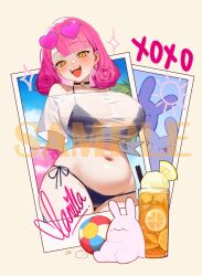 1girl ball bare_shoulders beachball bikini bikini_under_clothes bilingual_commentary black_bikini black_choker blue_sky blush breasts character_signature choker cloud cloudy_sky collarbone commentary cup day drink drinking_glass drinking_straw earrings eden_(shiroki_yuutsu) english_commentary fang flower-shaped_hair food fruit glint heart heart_choker heart_o-ring holding holding_swim_ring huge_breasts ice ice_cube innertube jewelry lemon lemon_slice lemonade looking_at_viewer medium_hair mixed-language_commentary navel o-ring o-ring_choker off-shoulder_shirt off_shoulder open_mouth original outdoors pink-tinted_eyewear pink_hair pink_innertube polaroid_photo rabbit sample_watermark see-through_clothes see-through_shirt shirt side-tie_bikini_bottom single_earring sky smile sparkle stomach sunglasses sweat swim_ring swimsuit teeth thighs tinted_eyewear upper_teeth_only vanilla_(eden_(shiroki_yuutsu)) watermark white_shirt yellow_eyes