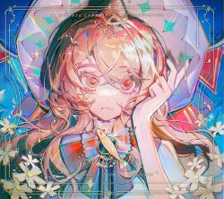 1girl bilibili_75029973 blonde_hair blue_background border bow bowtie bug butterfly chinese_commentary commentary_request english_text facing_viewer fish flower frills gem hair_between_eyes hand_on_own_face heterochromia indie_virtual_youtuber insect inset_border kaofish long_bangs long_hair looking_at_viewer ornate_border portrait red_eyes star_(symbol) yellow_eyes