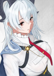 1girl absurdres black_horns black_jacket breasts chest_harness closed_mouth collared_shirt commentary curled_horns earrings grey_hair hair_between_eyes harness highres horns jacket jacket_on_shoulders jewelry key_earrings large_breasts long_hair looking_at_viewer necktie red_eyes red_necktie shirt shirt_tucked_in solo white_shirt wuthering_waves xirokohi zani_(wuthering_waves)