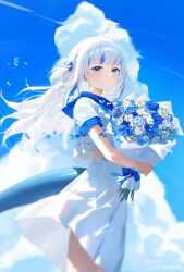 1girl absurdres alternate_costume blue_eyes blue_flower blue_hair blue_rose blue_sailor_collar blue_sky bouquet cloud cloudy_sky commentary cumulonimbus_cloud english_commentary fins fish_tail flower gawr_gura hair_ornament highres holding holding_bouquet hololive hololive_english long_hair midriff_peek multicolored_hair pantsu_shot rose sailor_collar school_uniform serafuku shark_girl shark_hair_ornament shark_tail shirt skirt sky solo streaked_hair tail virtual_youtuber white_flower white_hair white_serafuku white_shirt white_skirt