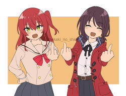 Rule 34 | 2girls, ^ ^, belt, belt buckle, black ribbon, black skirt, blush, bocchi the rock!, border, bow, bowtie, brown belt, brown hair, brown sailor collar, brown shirt, buckle, closed eyes, coat, collared shirt, commentary request, cowboy shot, dress shirt, ekaki no shion, girls band cry, green eyes, hair between eyes, iseri nina, kita ikuyo, long hair, long sleeves, low twintails, middle finger, multiple girls, neck ribbon, one side up, open clothes, open coat, open mouth, outside border, pleated skirt, red bow, red bowtie, red coat, red hair, ribbon, sailor collar, school uniform, shirt, shirt tucked in, short hair, short twintails, shuka high school uniform, skirt, trait connection, twintails, twitter username, white border, white shirt