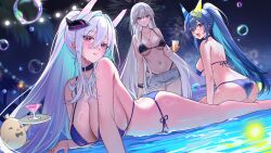 3girls absurdres aerial_fireworks alternate_costume ariko_(aaaaarik) azur_lane bikini bikini_under_shorts bow bowtie bracelet bubble choker cocktail_glass cup drinking_glass enterprise_(azur_lane) fireworks hair_between_eyes headgear highres holding holding_tray jewelry kearsarge_(azur_lane) lying manjuu_(azur_lane) multiple_girls necklace new_jersey_(azur_lane) new_jersey_(midsummer_leisure)_(azur_lane) night official_alternate_costume on_stomach short_shorts shorts swimsuit tray water