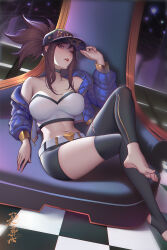 1girl akali barefoot crossed_legs feet hat highres k/da_(league_of_legends) k/da_akali league_of_legends long_hair looking_at_viewer parted_lips soles toes xiumu_bianzhou