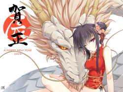 Rule 34 | 1girl, black hair, china dress, chinese clothes, dragon, dress, eastern dragon, flower, hair bun, hair flower, hair ornament, highres, imari (zugaikotsu marudashi), long hair, looking at viewer, new year, one eye closed, original, red eyes, solo, underwear