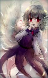 1girl blush bow bowtie colorized covering_own_mouth dress feathers female_focus grey_hair highres jacket kishin_sagume long_sleeves looking_at_viewer maho_moco purple_dress red_eyes short_hair single_wing sketch solo touhou wings