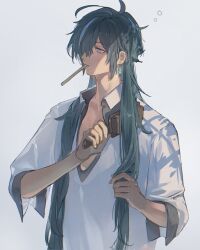 Rule 34 | 1boy, absurdres, aji 11300913, blue eyes, blue hair, brushing hair, closed mouth, collarbone, collared shirt, dark-skinned male, dark skin, earrings, genshin impact, hair brush, hair over one eye, highres, jewelry, kaeya (genshin impact), long hair, looking to the side, male focus, shirt, simple background, solo, sparkle, toothbrush, toothbrush in mouth, upper body, white background, white shirt