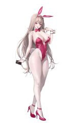 1girl absurdres animal_ear_hairband animal_ears blush bow bowtie breasts cellphone crossed_legs detached_collar fake_animal_ears full_body goddess_of_victory:_nikke hair_between_eyes hairband hand_up hashtag-only_commentary high_heels highleg highleg_leotard highres holding holding_phone horns large_breasts leotard light_brown_hair long_hair looking_at_viewer official_alternate_costume open_mouth pantyhose phone pink_bow pink_bowtie pink_horns pink_leotard pink_shoes playboy_bunny rabbit_ear_hairband rabbit_ears rabbit_tail red_eyes shiny_skin shoes simple_background smartphone smile solo standing strapless strapless_leotard strappy_heels tail tealorenge teeth tongue twirling_hair upper_teeth_only very_long_hair viper_(nikke) viper_(toxic_rabbit)_(nikke) white_background white_pantyhose white_wrist_cuffs wrist_cuffs