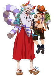 Rule 34 | 1boy, 1girl, absurdres, artist name, back tattoo, backpack, bag, bandaid, bandaid on cheek, bandaid on face, bandaid on forehead, bead necklace, beads, black hair, carrying, carrying person, cuffs, earrings, eyelashes, geta, gradient hair, green hair, hair ornament, hair stick, hakama, hakama pants, handcuffs, highres, horns, japanese clothes, jewelry, jolly roger, kimono, log pose, long hair, long sleeves, looking at another, multicolored hair, necklace, one piece, open mouth, orange eyes, orange headwear, pants, ponytail, portgas d. ace, red hakama, red horns, rollo (kuyuen1), rope, shimenawa, short hair, shoulder tattoo, sidelocks, size difference, smile, tall female, tattoo, teeth, topless male, vanilla, white hair, white kimono, whitebeard pirates jolly roger, wide sleeves, yamato (one piece)