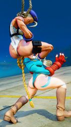 2girls 3d alternate_skin_color antenna_hair ass bare_shoulders blonde_hair blue_eyes blue_headwear blue_leotard braid breasts cammy_white clenched_hand covered_navel curvy fighting full_body gloves hat highleg highleg_leotard highres huge_ass large_breasts leotard lips long_hair multiple_girls multiple_persona red_gloves ryona screencap shiny_clothes sitting sitting_on_person street_fighter street_fighter_v thighs third-party_edit thong_leotard twin_braids very_long_hair white_leotard wide_hips