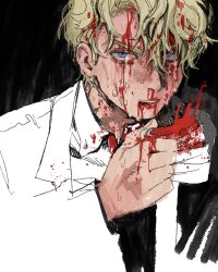 1boy black_background blonde_hair blood blood_on_face blood_splatter blue_eyes crying diamond_wa_kudakenai hair_down highres jojo_no_kimyou_na_bouken kira_yoshikage male_focus partially_colored severed_hand shirt sketch streaming_tears sweat tears upper_body user_xjny2857 white_shirt