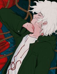 1boy blue_background danganronpa_(series) danganronpa_2:_goodbye_despair green_jacket grey_eyes hand_on_own_neck highres jacket komaeda_nagito looking_at_viewer male_focus open_clothes open_jacket parted_lips rope shirt short_hair solo upper_body uri_ka55 white_hair white_shirt