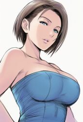 Rule 34 | 1girl, bare shoulders, blue eyes, blue shirt, breasts, brown hair, cleavage, collarbone, highres, jaydamon, jill valentine, large breasts, looking at viewer, parted bangs, parted lips, resident evil, resident evil 3: nemesis, shirt, short hair, sideboob, solo, strapless, swept bangs, tube top, upper body, white background
