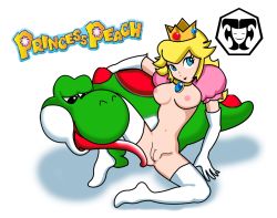 1girl breasts cleft_of_venus female_focus interspecies large_breasts mario_(series) nintendo princess_peach pussy smile solo super_mario_bros._1 thighhighs uncensored yoshi