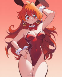 1girl bare_shoulders bow bowtie facing_viewer flipherrrr hair_ornament leotard lina_inverse orange_hair playboy_bunny rabbit_hair_ornament red_leotard slayers solo wrist_cuffs